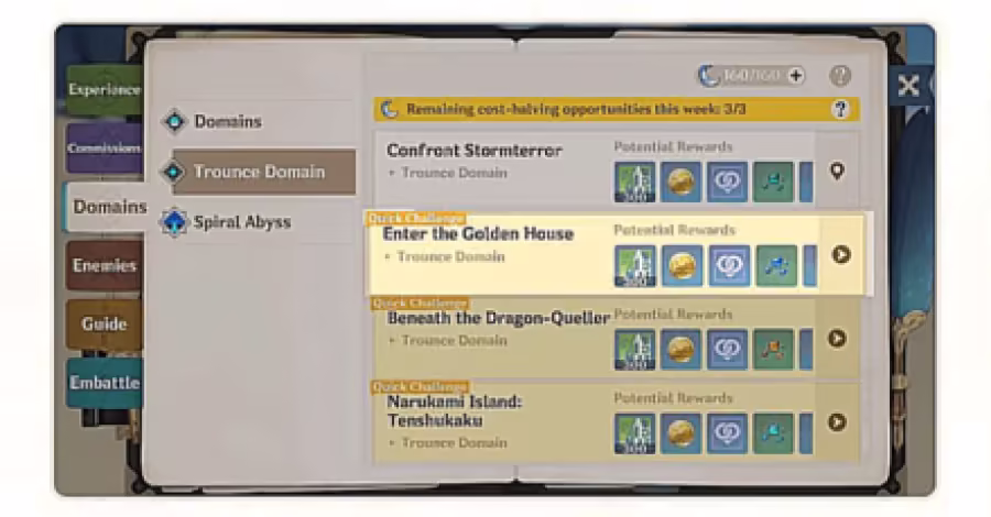 Genshin - Quick Challenge for Trounce Domains Info
