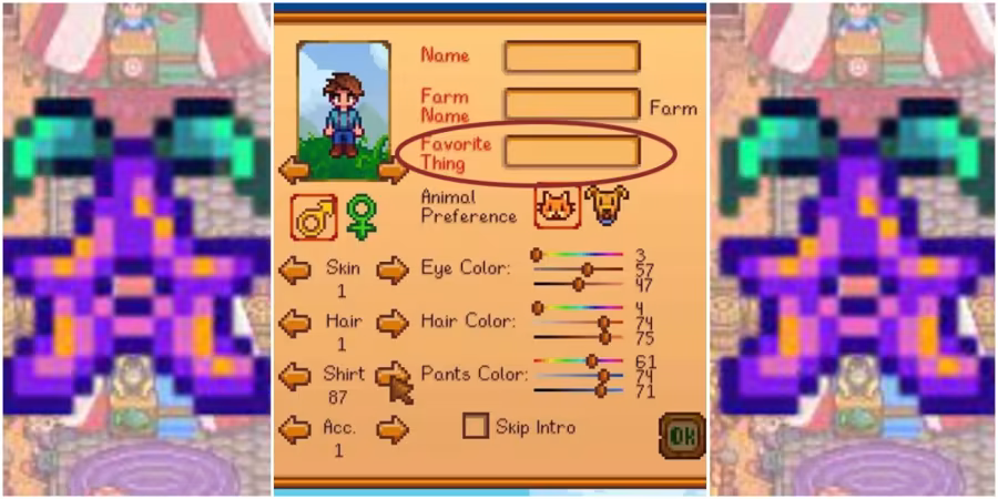 split image: character creator, with stardrops on either side